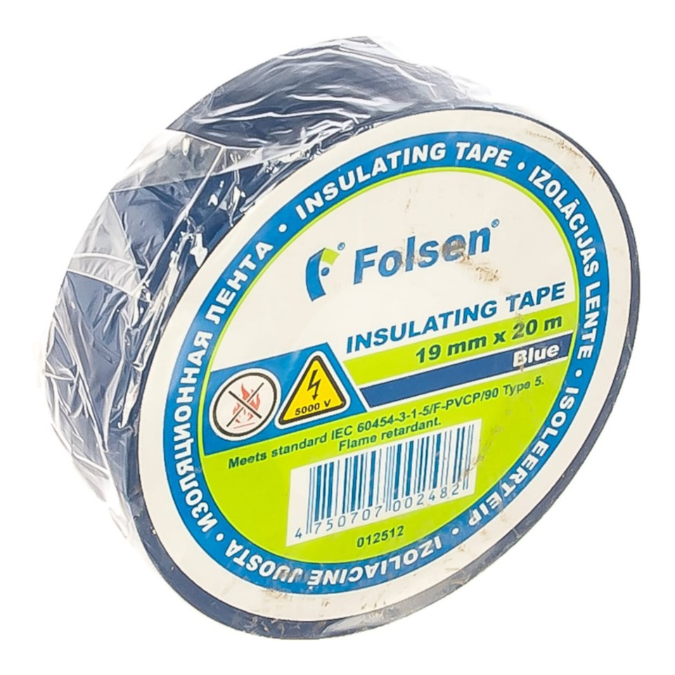 Изолента Folsen 012512 ПВХ пламягасящая синяя от -10C до +80C 19 мм. x 20 м. толщина 0,133 мм