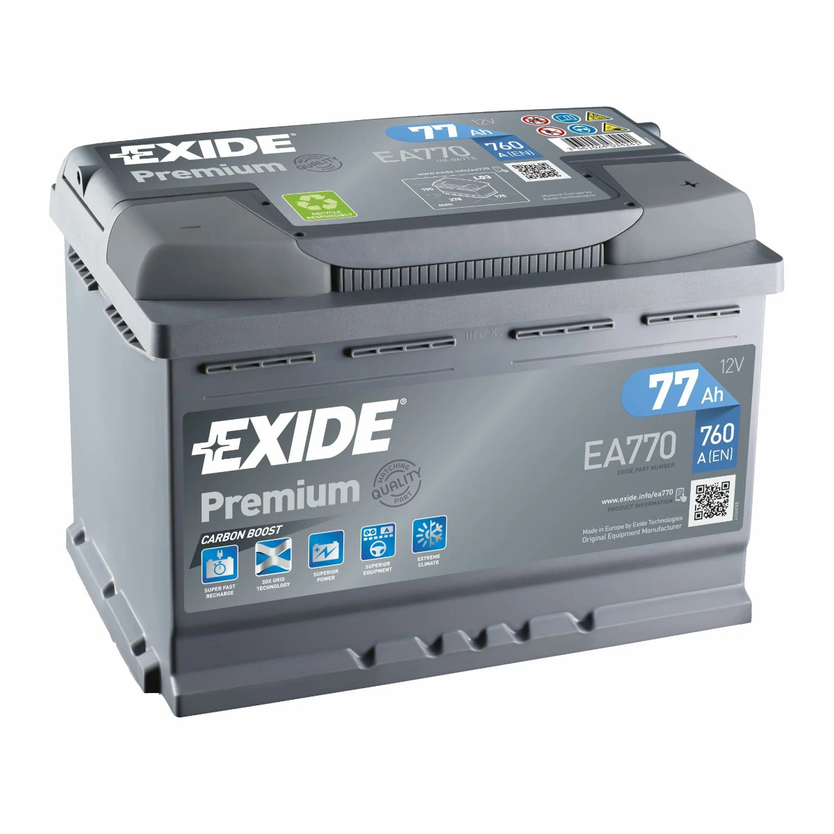 EXIDE  Premium  77Ah  760 En (обр)  EA770 276х175х190  (товар по акции)